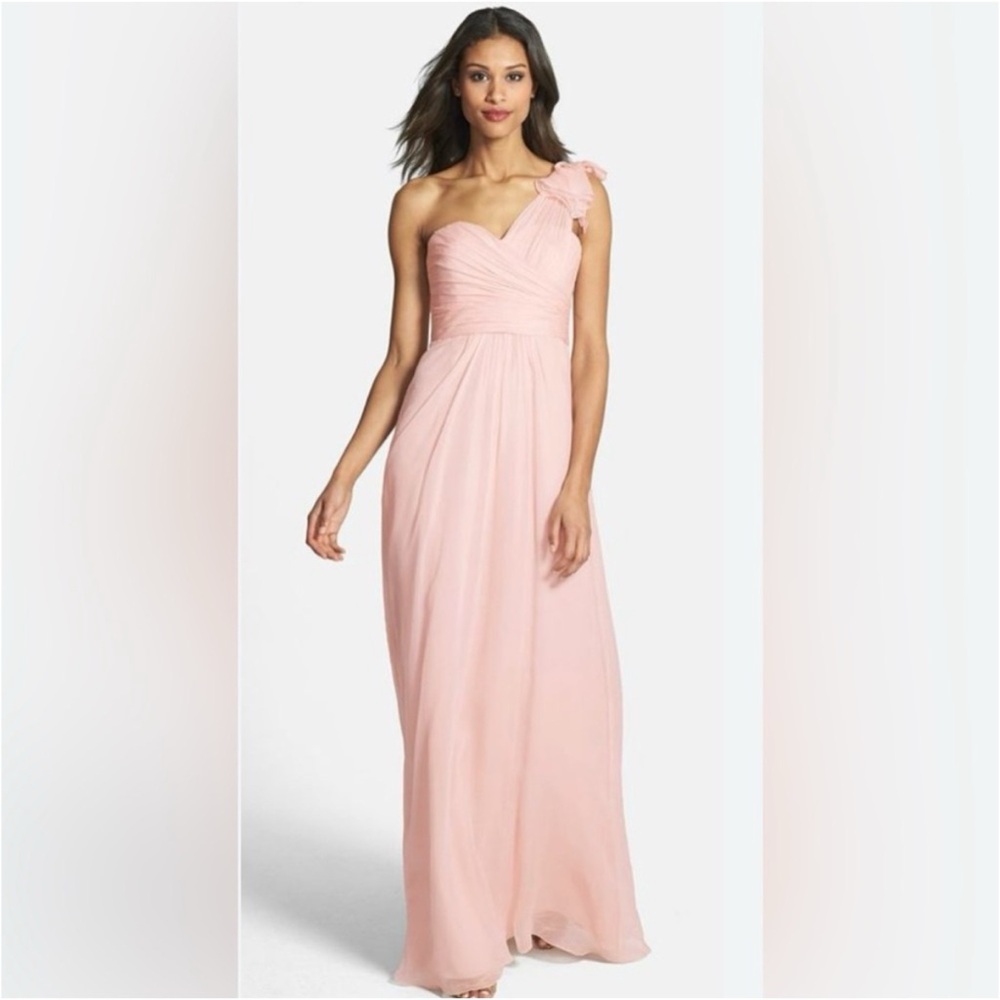 Amsale Illusion Shoulder Crinkled Silk Chiffon Dress Pink SZ 18